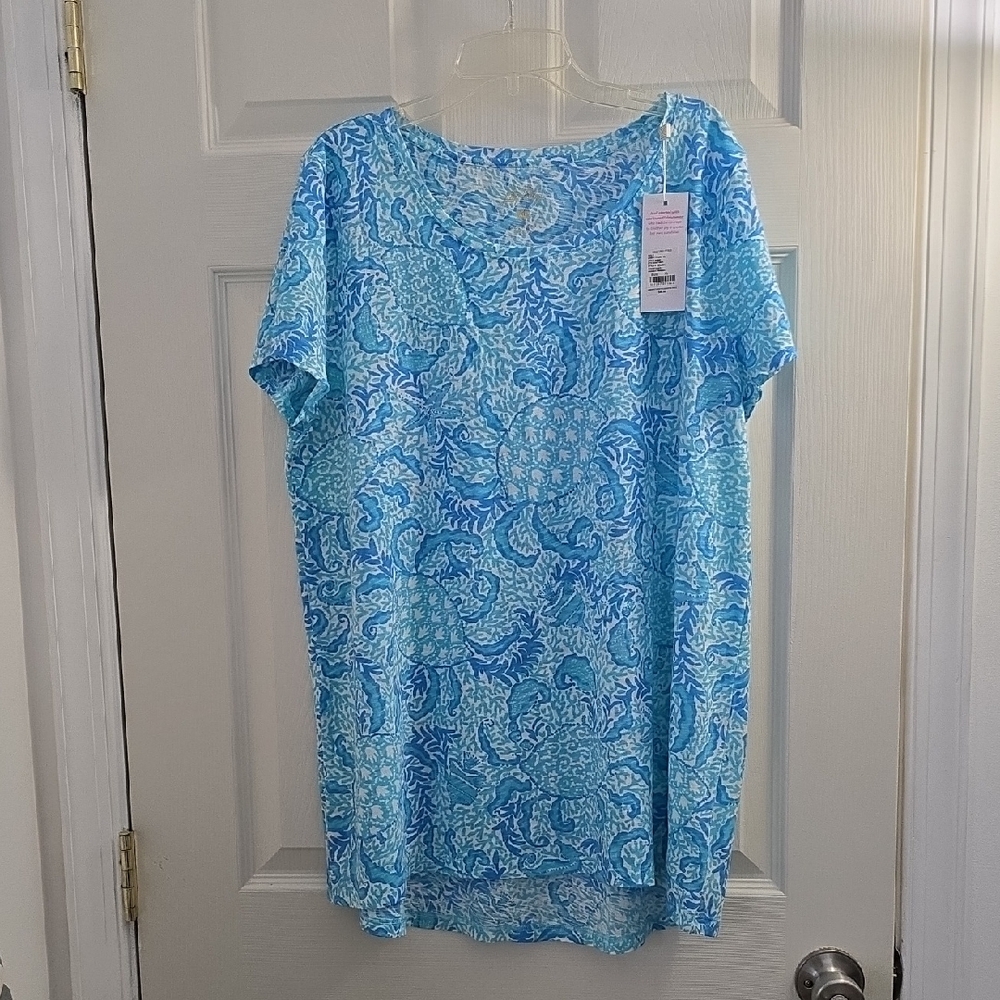 Lilly Pulitzer Relaxed Blue and White Short Sleeve Hi Low Tee